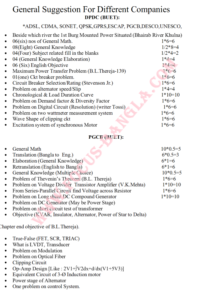 EGCB/PGCB/DPDC Full Question Pattern (Collected By Torikul Islam)